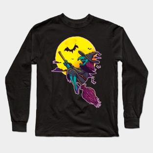 witches broom halloween witch hat creepy witch broom bat Long Sleeve T-Shirt